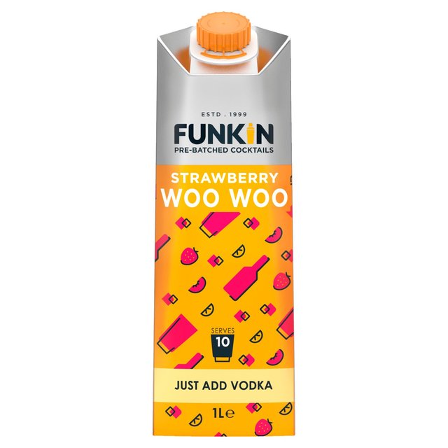 Funkin Strawberry Woo Woo Mixer carton, 1 L, features a vibrant orange design with pink cocktail illustrations, a white top, and bold black text highlighting "Just Add Vodka."