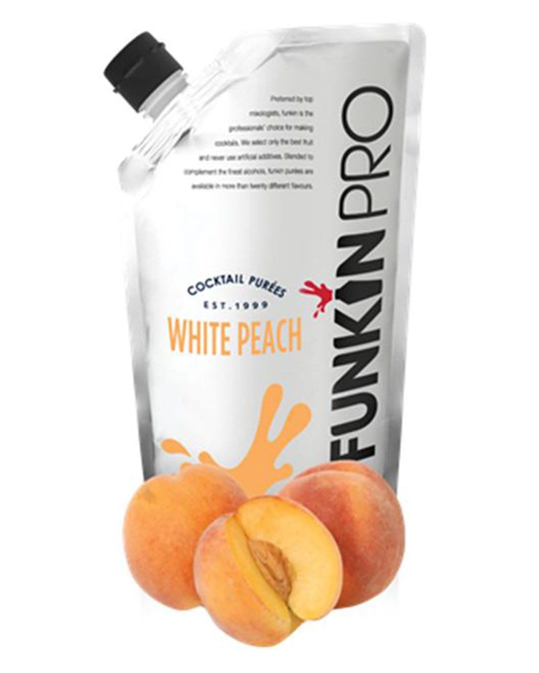 Silver pouch with a spout labeled "Funkin Pro White Peach Purée, 1 KG," alongside two fresh, halved peaches showcasing their juicy orange flesh.