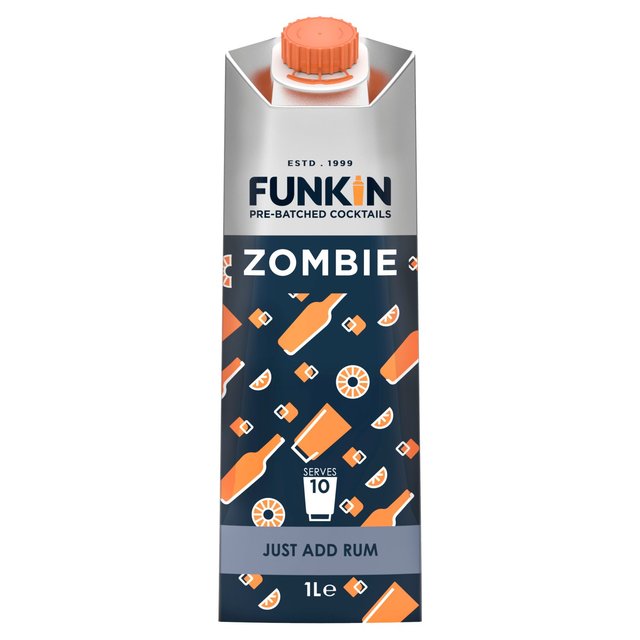 Funkin Zombie Mixer Cocktail Carton, 1 L, features a sleek grey and navy design with vibrant orange graphics of bottles and citrus, labeled "Just Add Rum" and serves 10.