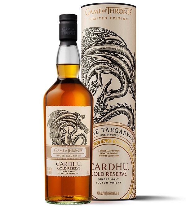 Cardhu Gold Reserve whisky bottle with a dragon design, golden liquid, and a decorative cardboard tube featuring "Game of Thrones House Targaryen" branding.
