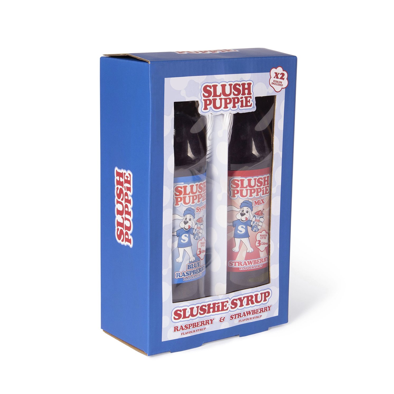 Two bottles of Slush Puppie syrup in a blue box, featuring blue raspberry and strawberry flavors, with colorful labels and a cartoon dog mascot.