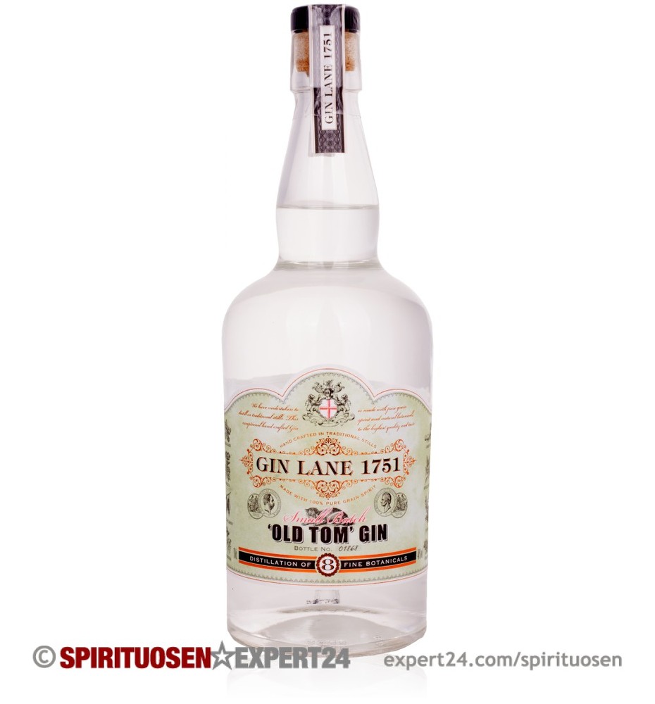 Clear glass bottle of Gin Lane 1751 Old Tom Gin, featuring a vintage-style label with green and gold accents, and a cork stopper, holding 70 cl of gin.