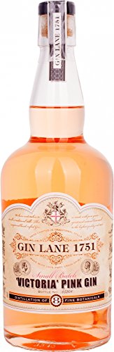 Clear glass bottle of Gin Lane 1751 Victoria Pink Gin, featuring a pink liquid, ornate label with gold accents, and a cork stopper, showcasing a vintage design.