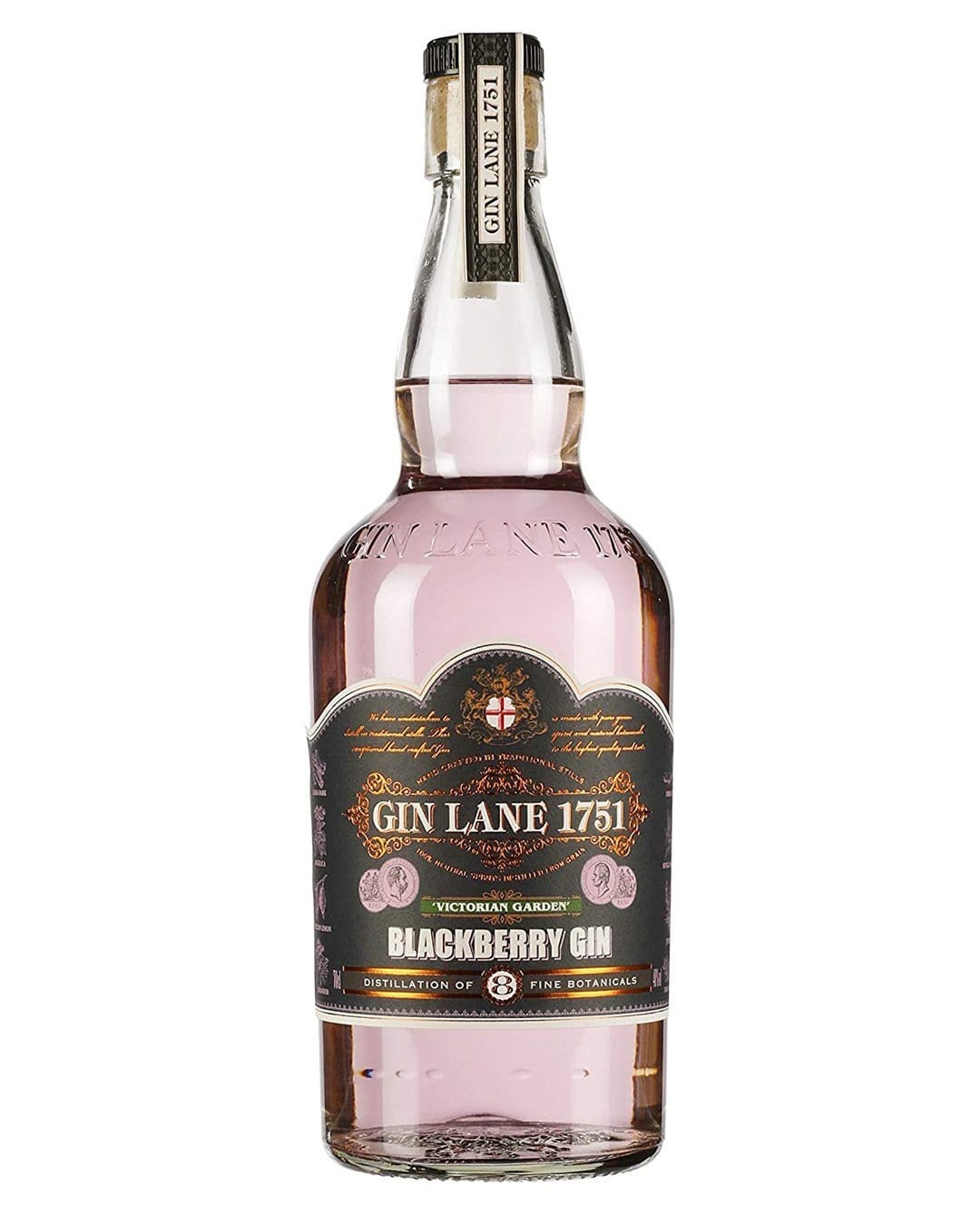 Clear glass bottle with a pink-tinted liquid, featuring a black and gold label that reads "GIN LANE 1751 BLACKBERRY GIN" and decorative floral elements.