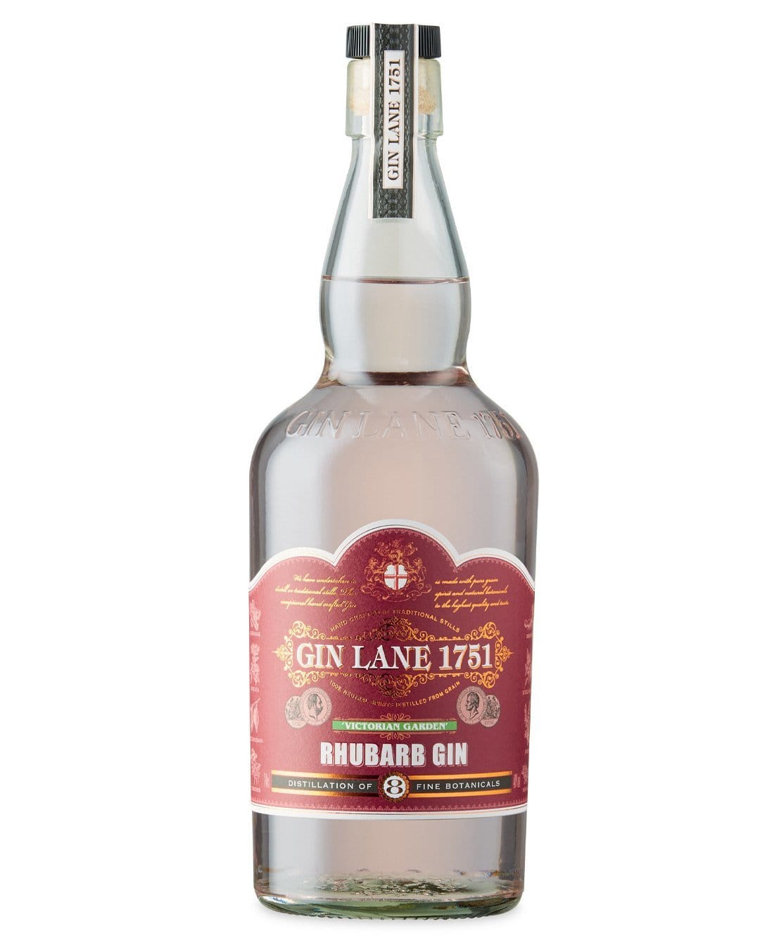 Clear glass bottle with a rounded shape, featuring a pink label adorned with ornate designs and the text "GIN LANE 1751 RHUBARB GIN," topped with a cork stopper.