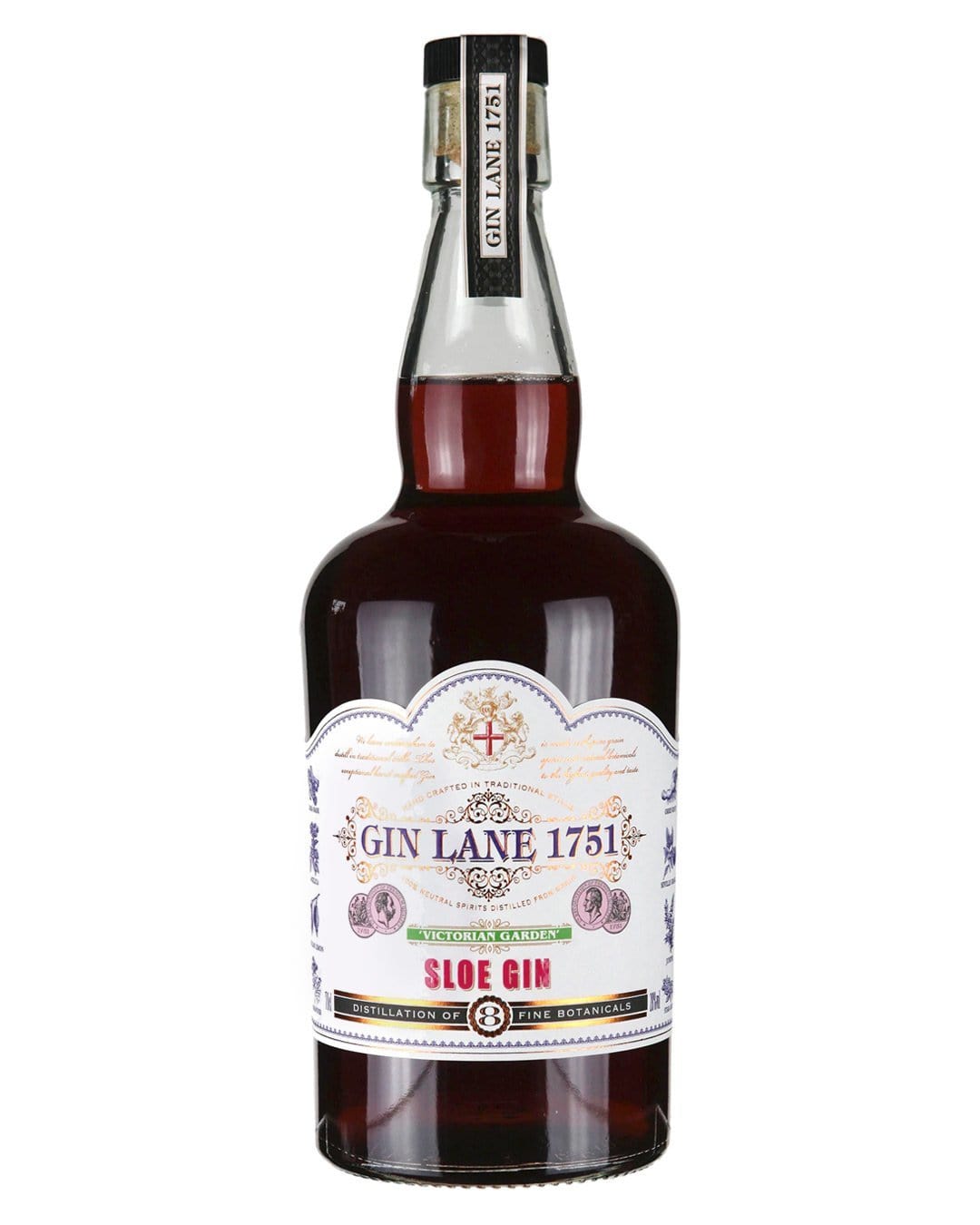 Dark amber bottle of Gin Lane 1751 Victorian Garden Sloe Gin, featuring an ornate label with colorful designs and text, showcasing its 70 Cl volume.