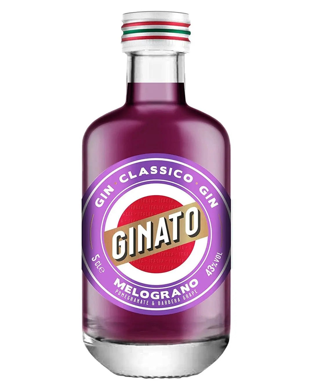 Clear glass miniature bottle of Ginato Melograno Gin, 5 Cl, featuring a vibrant purple liquid, a white label with red and gold accents, and a striped green and red cap.