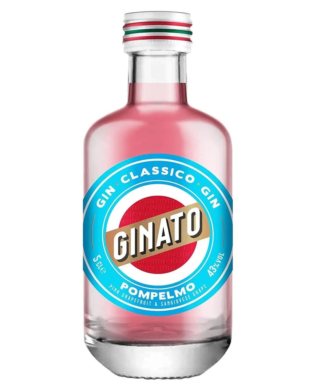 Clear glass miniature bottle of Ginato Pomelo Italian Gin, 5 Cl, featuring a pink liquid, a blue and red label with "GINATO" and "POMPELMO" prominently displayed.