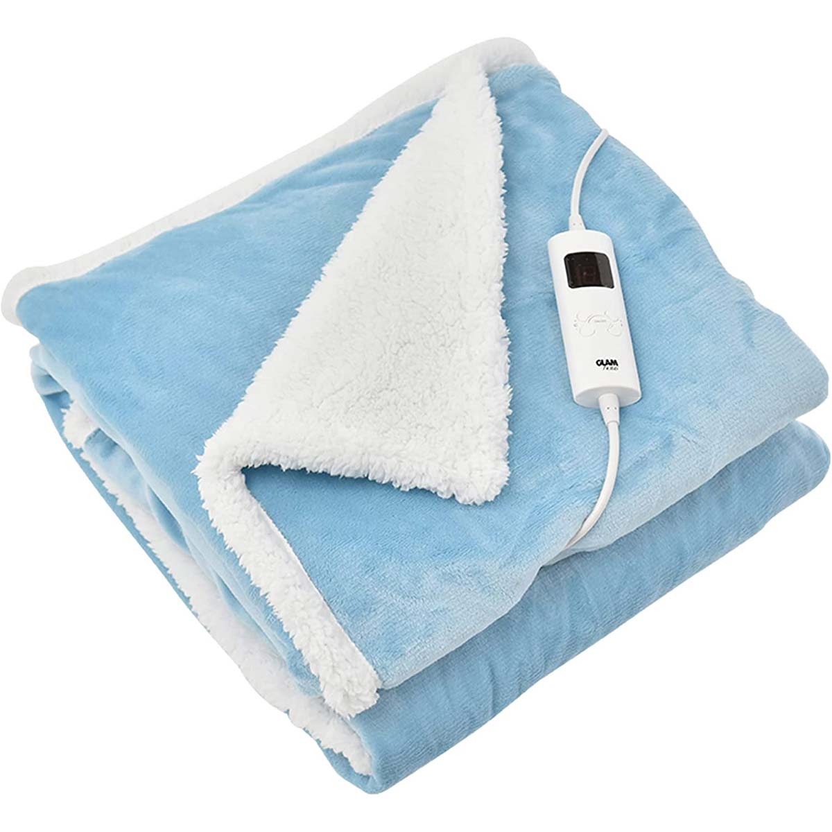 Large aquamarine electric fleece blanket (160x130cm) featuring a soft, plush texture with a white sherpa lining and a detachable control unit for adjustable warmth.
