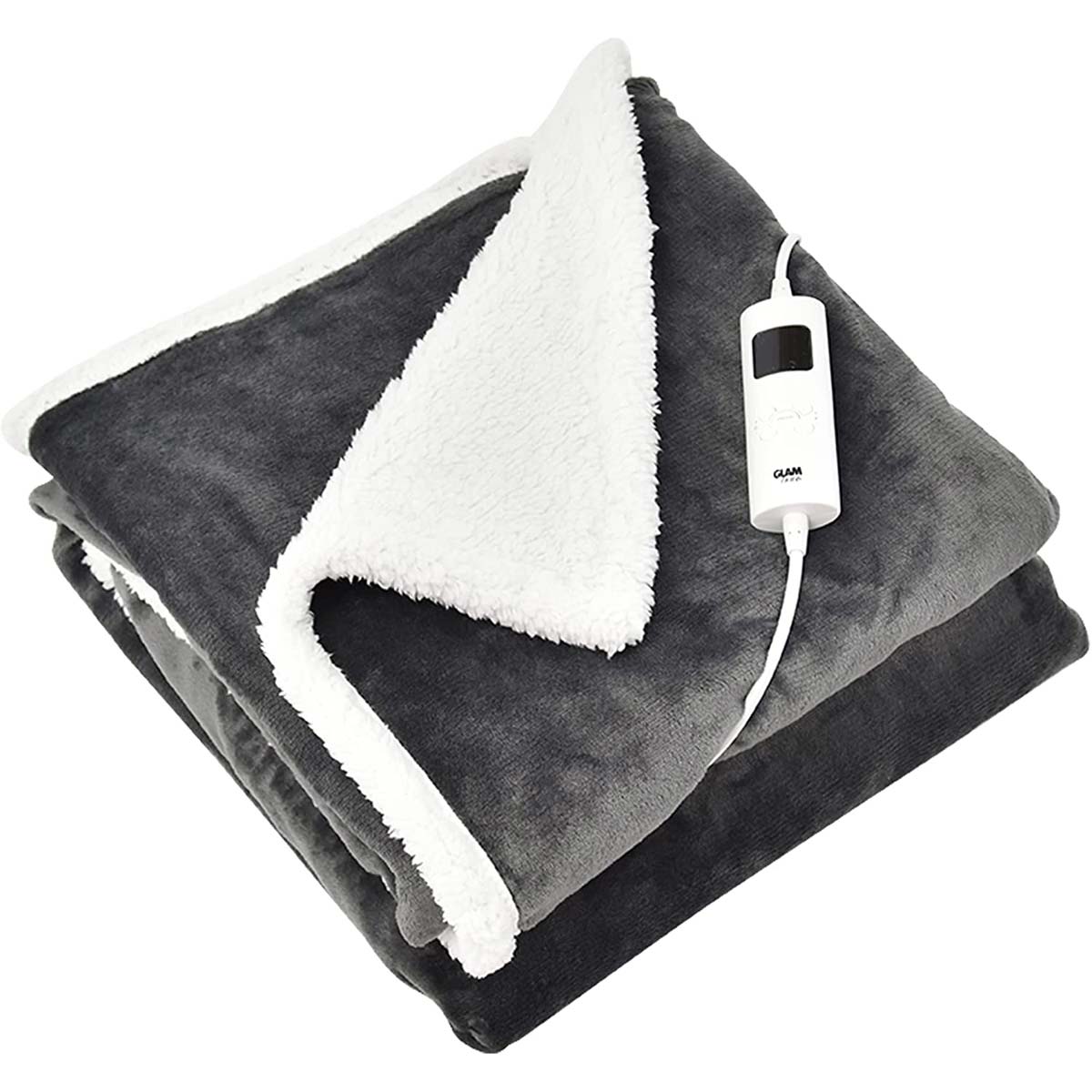 Large grey electric fleece over blanket measuring 160x130cm, featuring a soft plush exterior and cozy white sherpa lining, with a control remote attached.