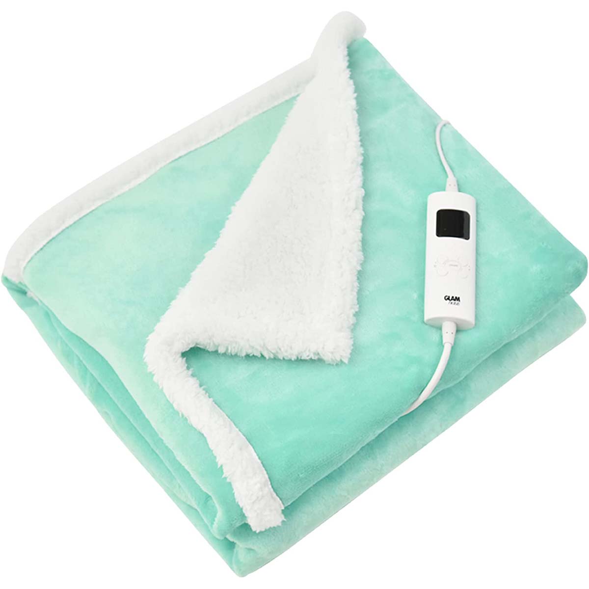Large green electric fleece over blanket measuring 160x130cm, featuring a soft texture, white plush lining, and a detachable control panel for adjustable heat settings.