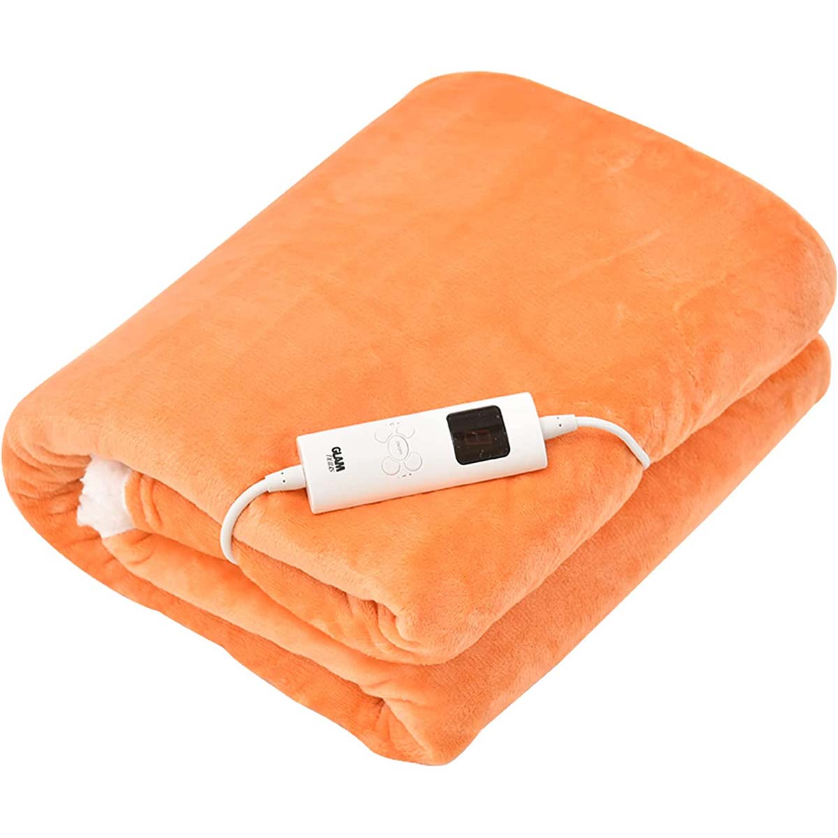 Large orange electric fleece over blanket, measuring 160x130cm, featuring a soft texture and a white control unit for adjustable heating.