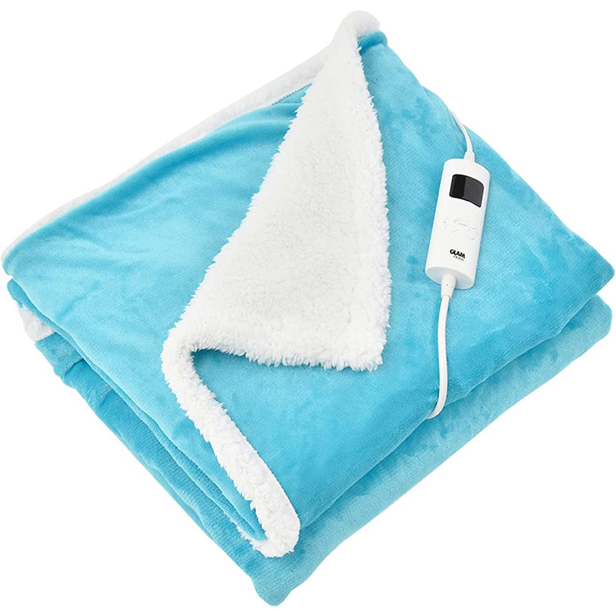 Large electric fleece over blanket in scuba blue, measuring 160 x 130cm, featuring a soft white sherpa lining and a remote control for adjustable heat settings.