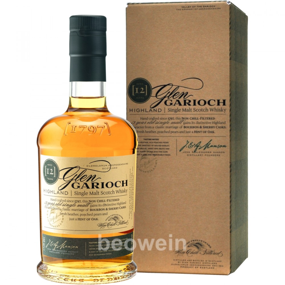 Amber-colored bottle of Glen Garioch 12 Year Old Highland Single Malt Scotch Whisky with a cork stopper, featuring a vintage label and a brown cardboard box with gold accents.