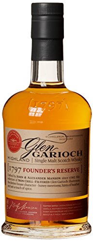 Amber-colored bottle of Glen Garioch Founder's Reserve Highland Single Malt Scotch Whisky, featuring a round shape, a cork stopper, and a label with red and gold accents.