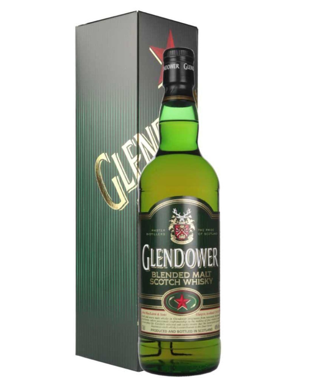 Glendower Blended Malt Scotch Whisky in a green glass bottle, featuring a gold and red label, alongside a matching green box with gold lettering.