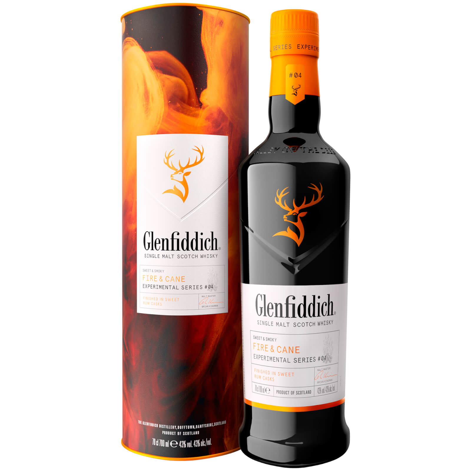 Glenfiddich Experimental Series Fire and Cane Single Malt Whisky in a dark glass bottle with a gold stag logo, accompanied by a vibrant orange and black cylindrical packaging.
