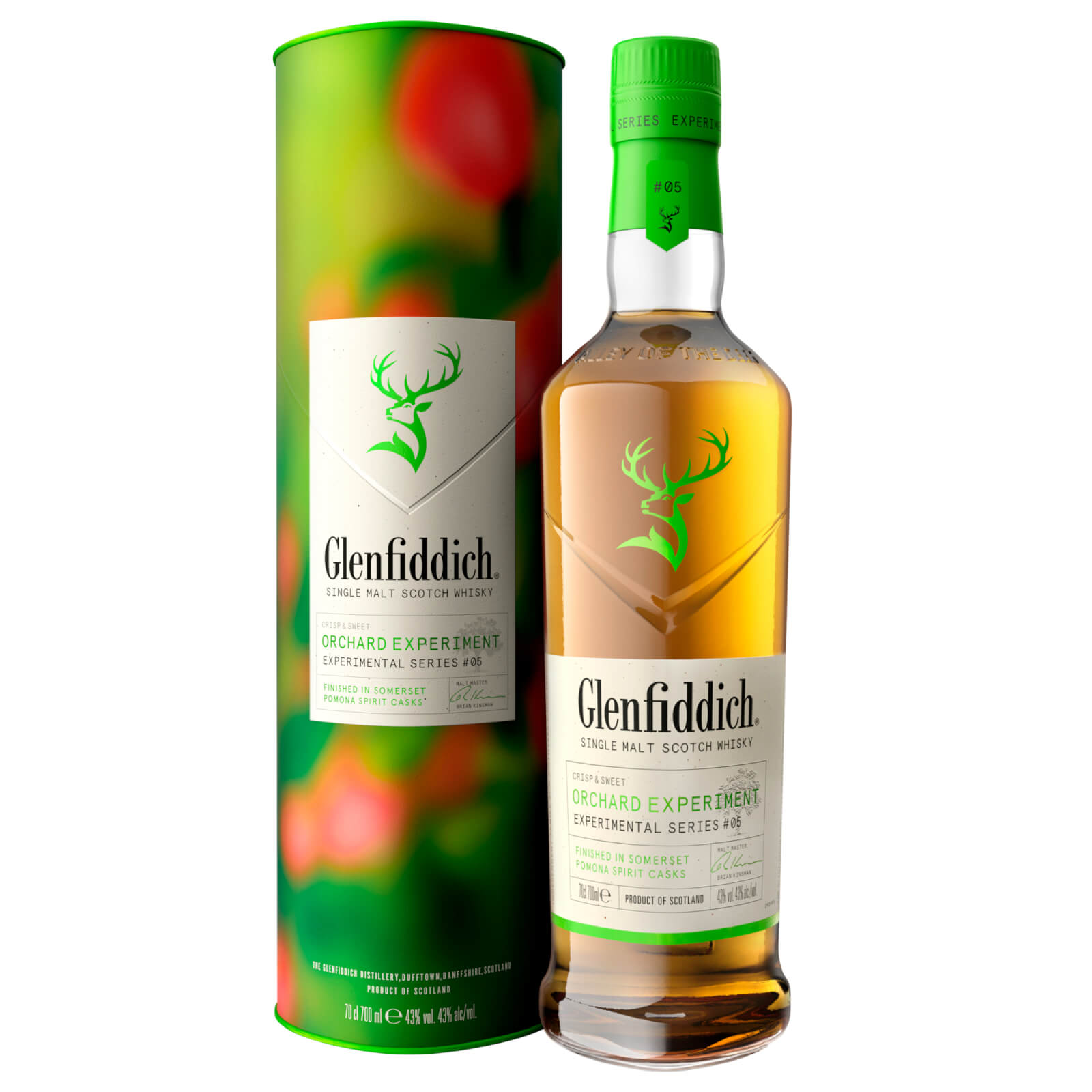 Glenfiddich Experimental Series Orchard Experiment Single Malt Whisky in a clear bottle with a green label, accompanied by a vibrant, cylindrical green and red packaging.