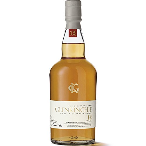 Glenkinchie 12 Year Old Lowland Single Malt Scotch Whisky in a clear glass bottle with a light amber liquid, featuring a silver cap and a white label with gold accents and the age statement.