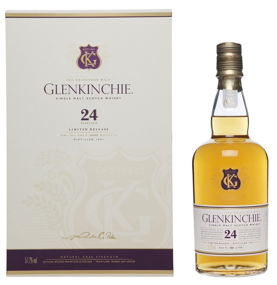 Glenkinchie 24 Year Old Malt Whisky in a clear glass bottle with a cork stopper, featuring a gold label and purple emblem, alongside a matching cream and gold box.