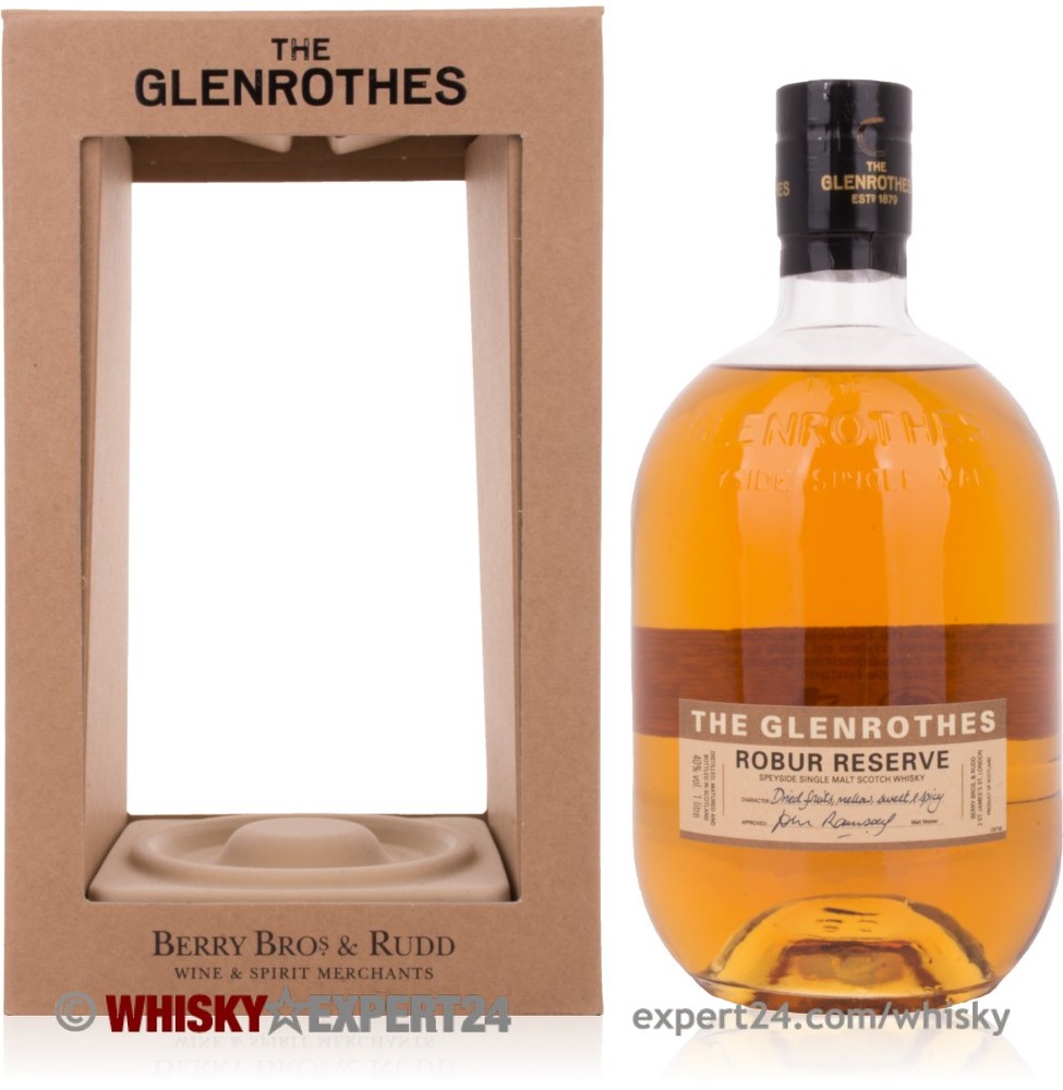 Glenrothes Robur Reserve Whisky in a round glass bottle, featuring a cork stopper, with amber liquid and a label displaying "The Glenrothes" and "Robur Reserve."