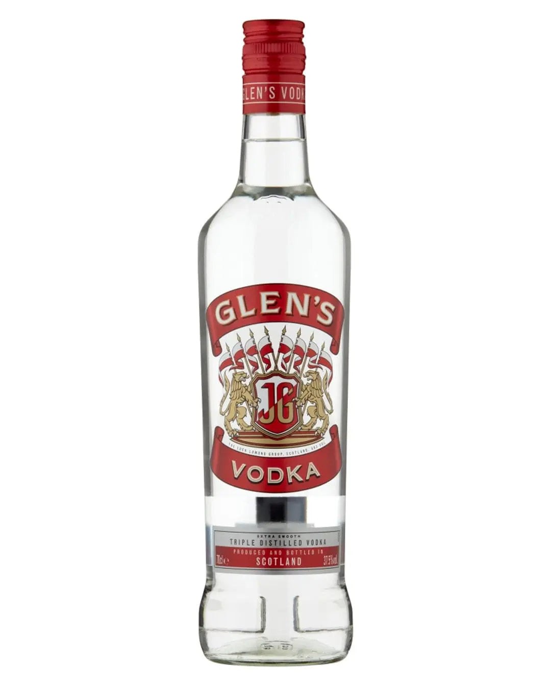 Clear glass bottle of Glen's Vodka, 70 cl, featuring a red and gold label with a crest, and a red cap, showcasing its Scottish origin and triple distilled quality.