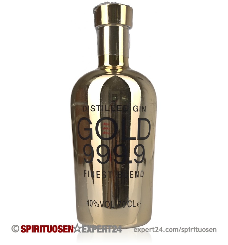 Shiny gold-colored gin bottle with a sleek design, labeled "GOLD 999.9" and "FINIEST BLEND," featuring a cork stopper and a capacity of 70 Cl.