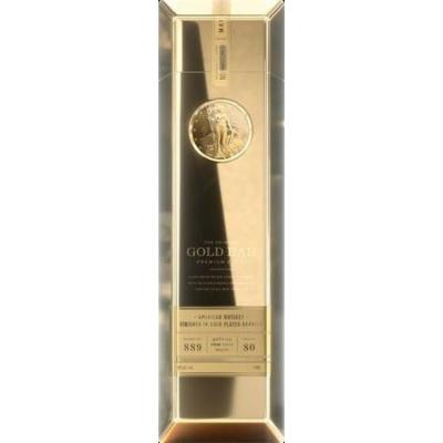 Gold Bar American Whiskey in a sleek, gold-colored bottle with a round emblem, featuring elegant typography and a clear glass base, measuring 75 cl.