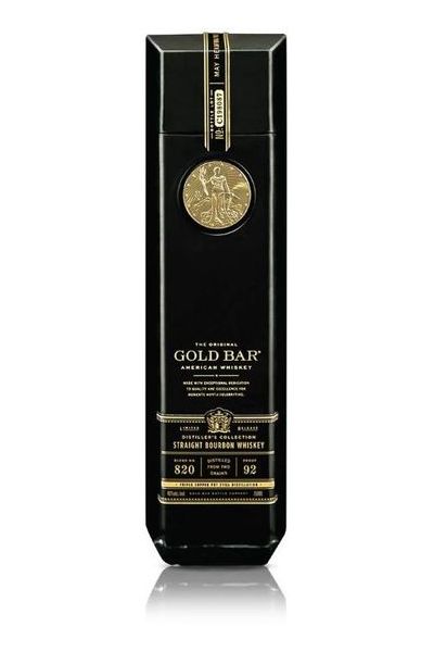 Black rectangular bottle of Gold Bar Black Double Casked Straight Bourbon Whiskey, featuring a gold emblem and elegant gold text, with a capacity of 75 Cl.