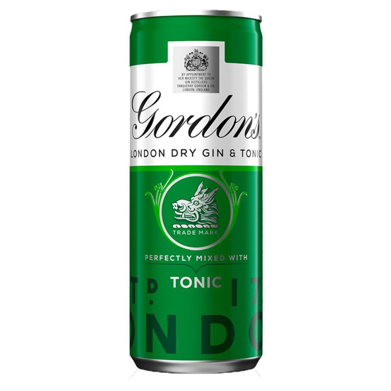 Gordon's London Dry Gin & Schweppes Tonic premixed can, featuring a green and silver design, with a prominent logo and text, packaged in a sleek aluminum can.