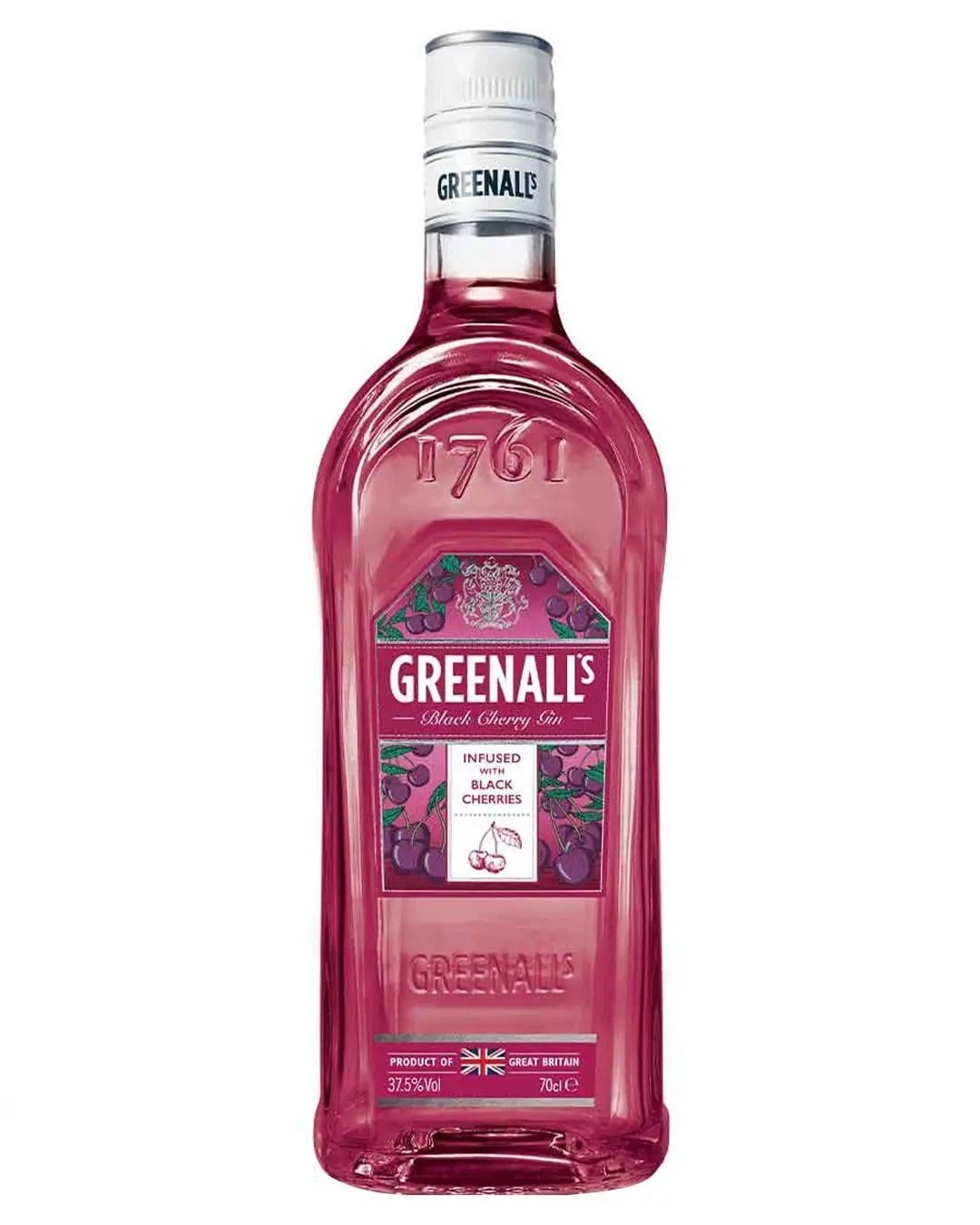 Greenall's Black Cherry Gin Liqueur in a clear, curved glass bottle, featuring a vibrant pink liquid, silver cap, and a label with green and purple accents.