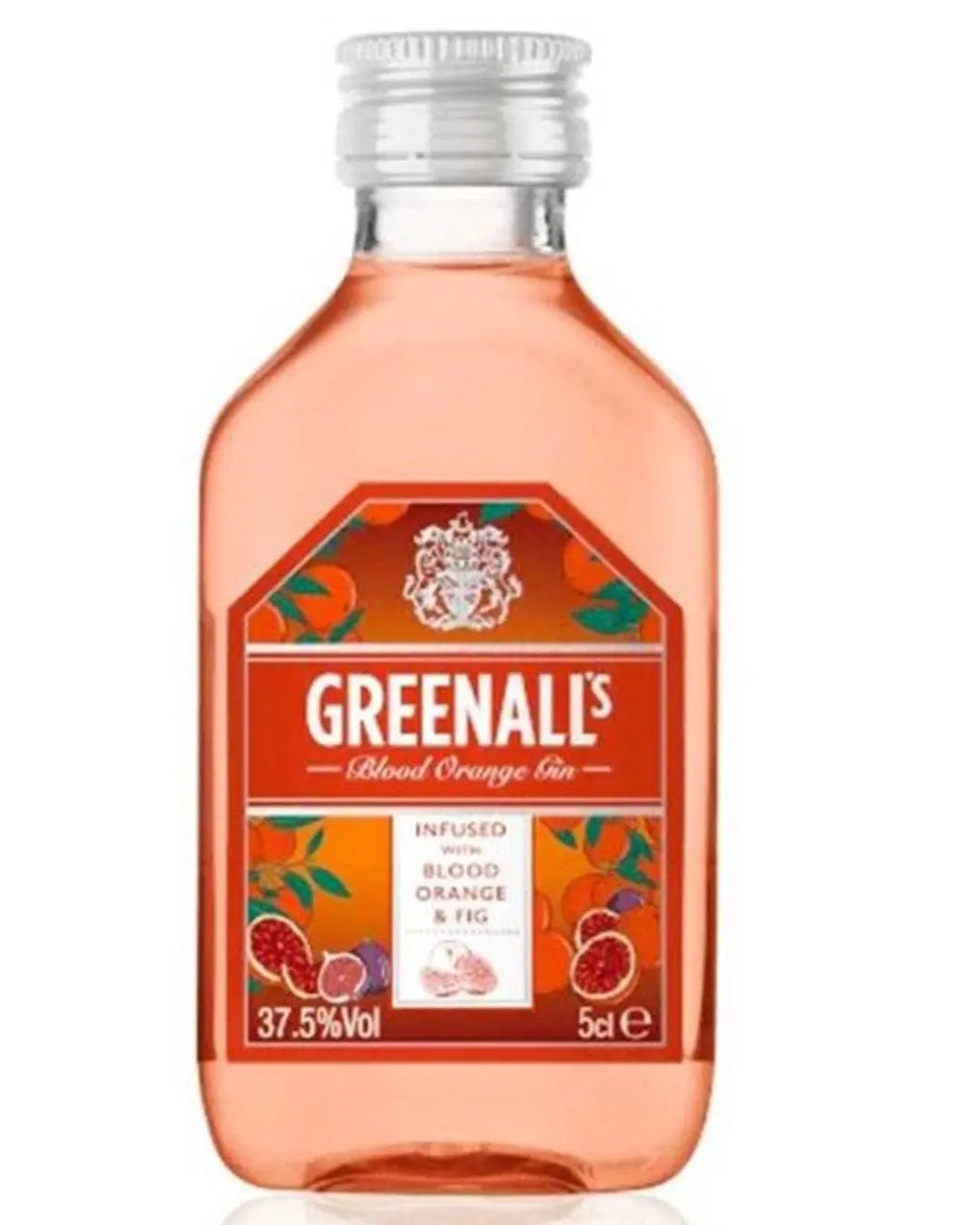 Greenall's Blood Orange, Fig and Ginger Gin Liqueur miniature bottle, 5 cl, featuring a vibrant orange liquid, clear glass, and a bright label with fruit illustrations.