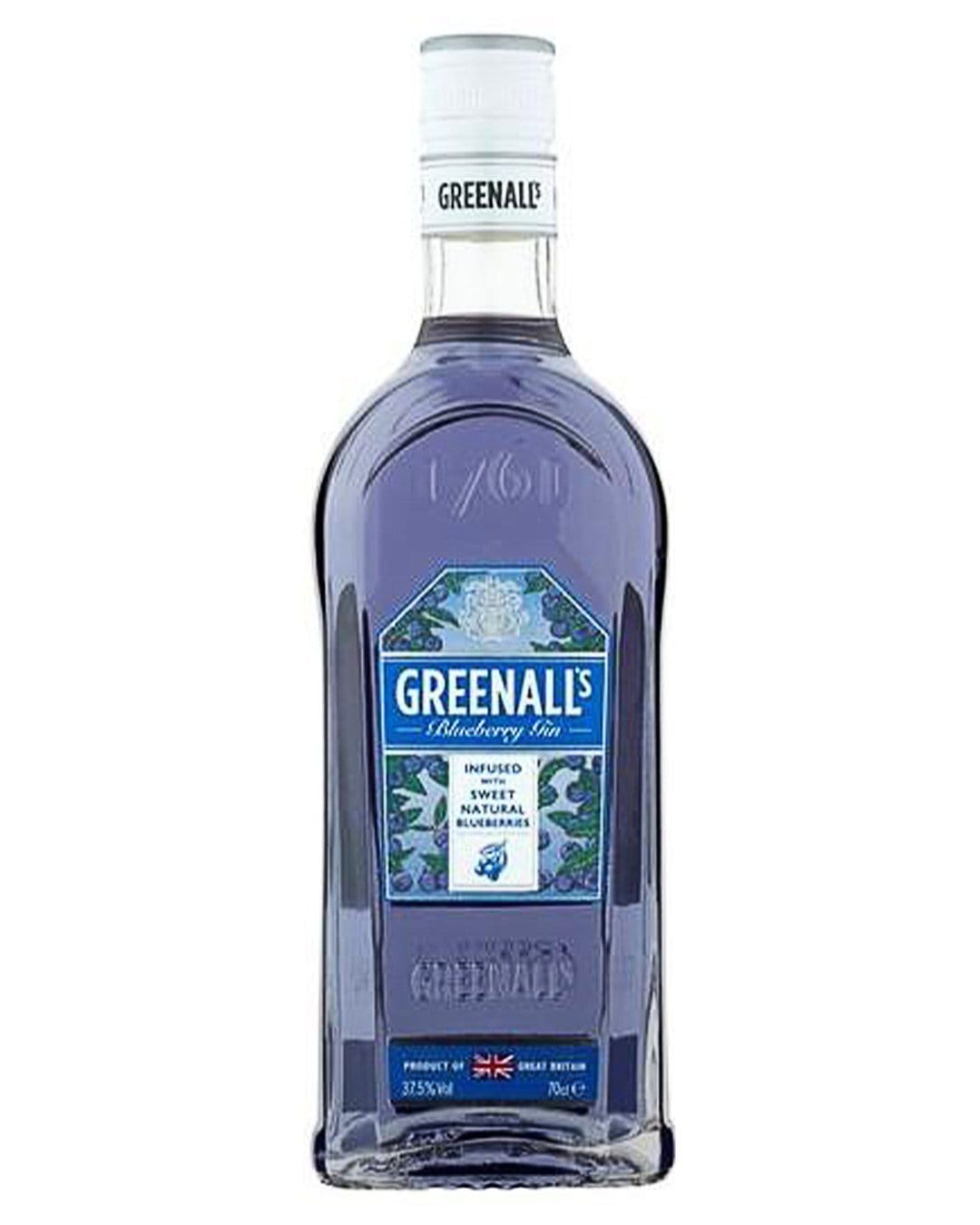Clear glass bottle of Greenall's Blueberry Gin, featuring a vibrant purple liquid, a white screw cap, and a blue and white label with the brand name and product details.