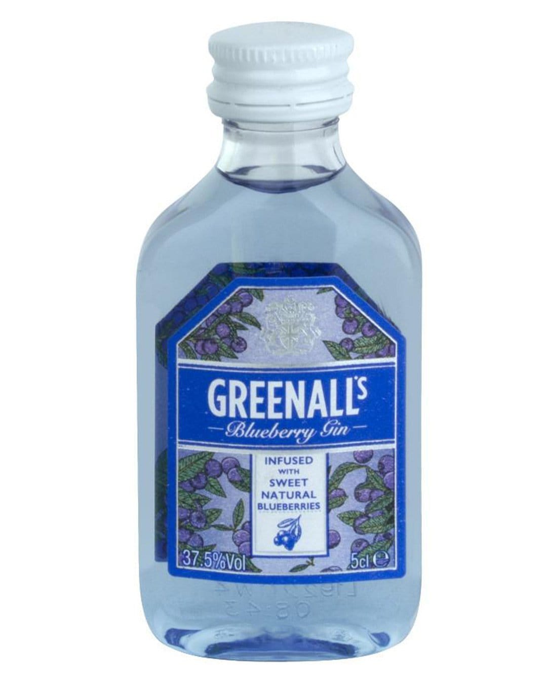 Greenall's Blueberry Gin miniature bottle, 5 cl, featuring a blue-tinted liquid, a clear glass container, and a decorative label with blueberries and gold accents.
