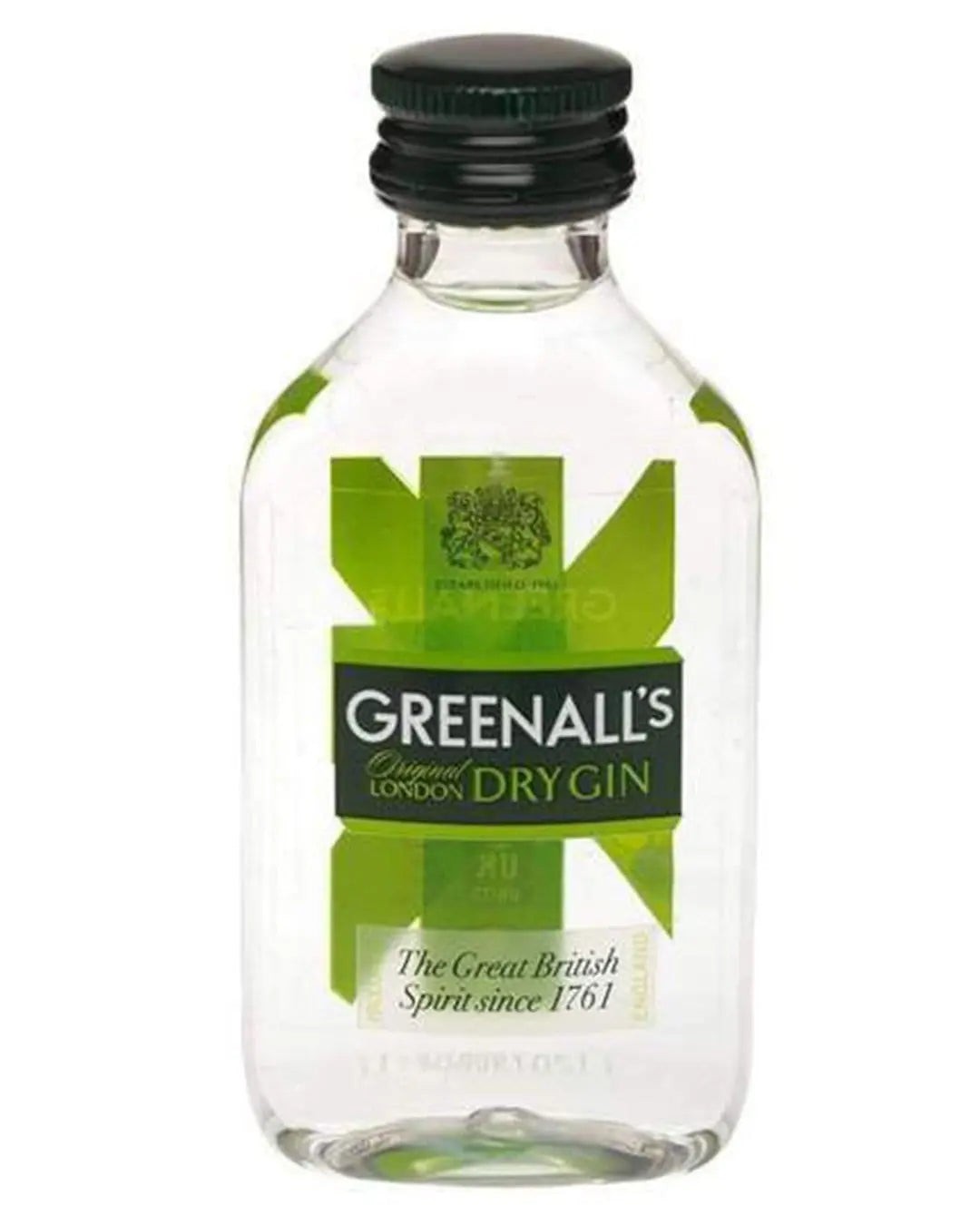 Clear glass miniature bottle of Greenall's London Dry Gin, 5 cl, featuring a green and white label with the text "GREENALL'S" and a black screw cap.