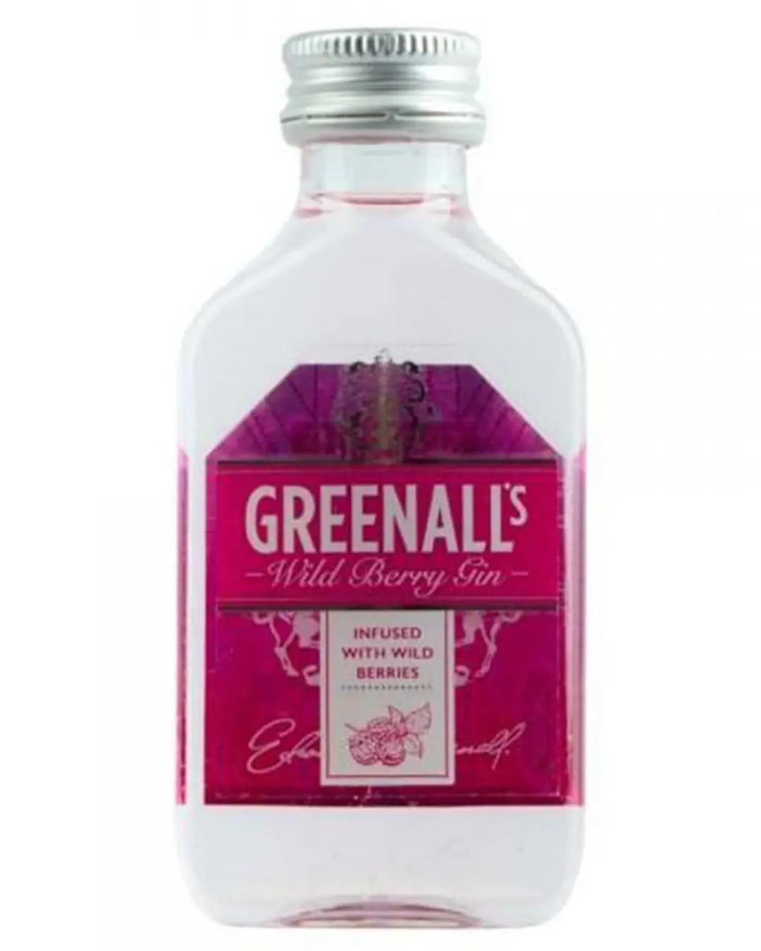 Clear glass bottle containing Greenall's Wild Berry Pink Gin, featuring a vibrant pink liquid, silver screw cap, and a decorative label with bold text and berry illustrations.