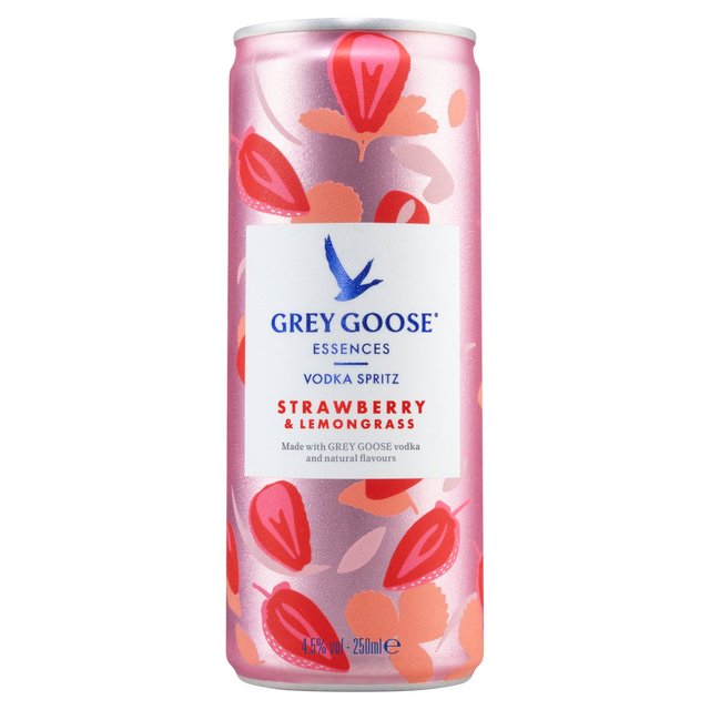 Grey Goose Essences premixed can multipack featuring a pink can adorned with vibrant strawberry and lemongrass illustrations, labeled with product details and volume.