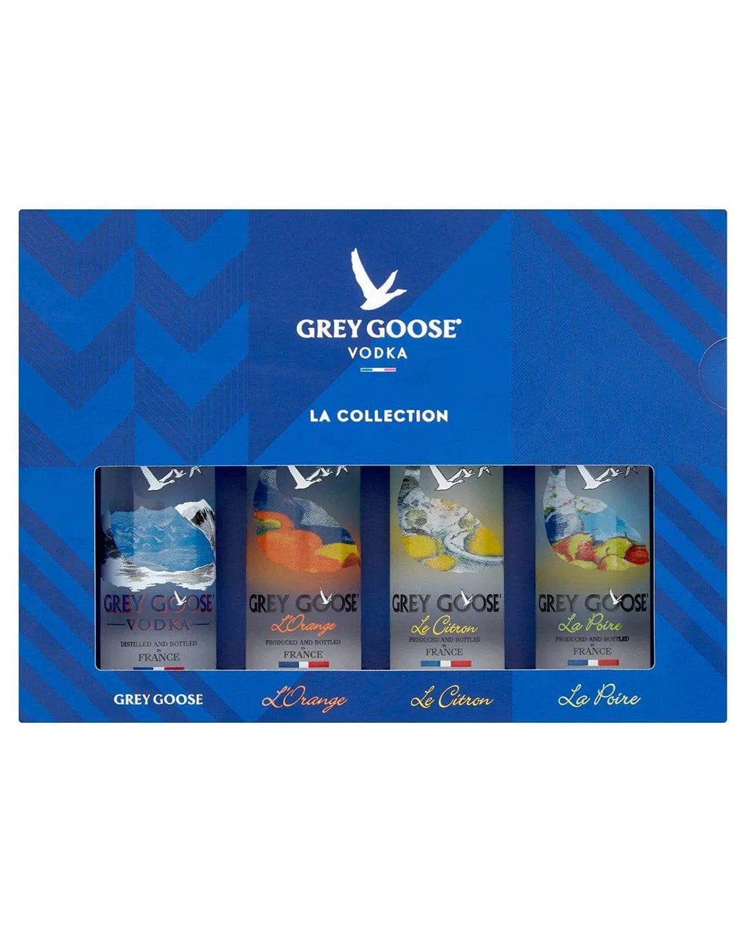 Grey Goose La Collection Vodka Gift Pack featuring four 5 cl bottles in a blue box, showcasing flavors: L'Orange, L'Eau de Citron, L'Poire, and a scenic design.