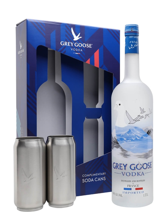 Grey Goose Magnum Vodka Gift Pack featuring a 1.75 L frosted bottle with a blue and white label, accompanied by two silver soda cans in a colorful box.