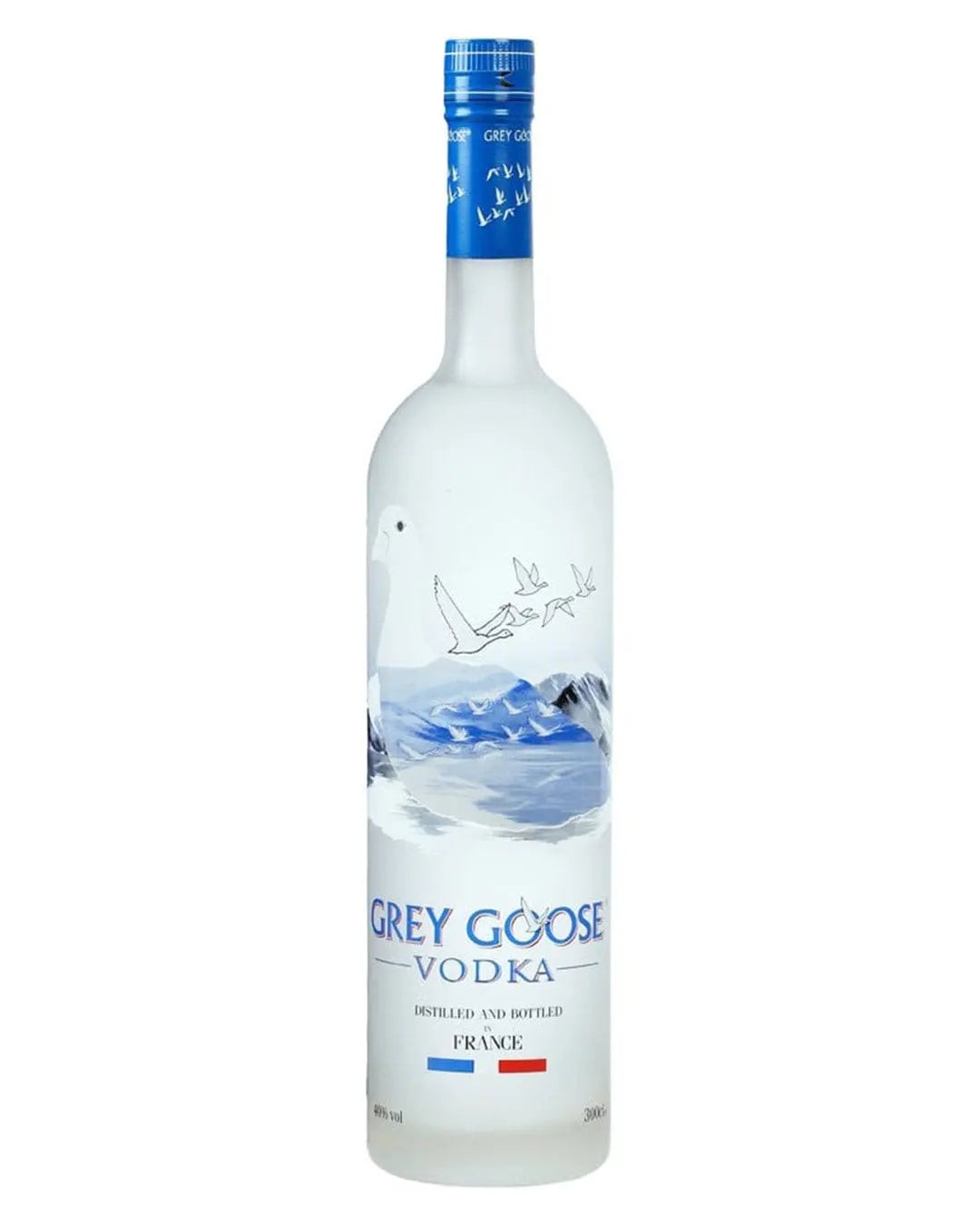 Clear glass Jeroboam bottle of Grey Goose Vodka, 3 L, featuring a frosted finish, blue and white label with a goose and mountain design, and a blue cap.