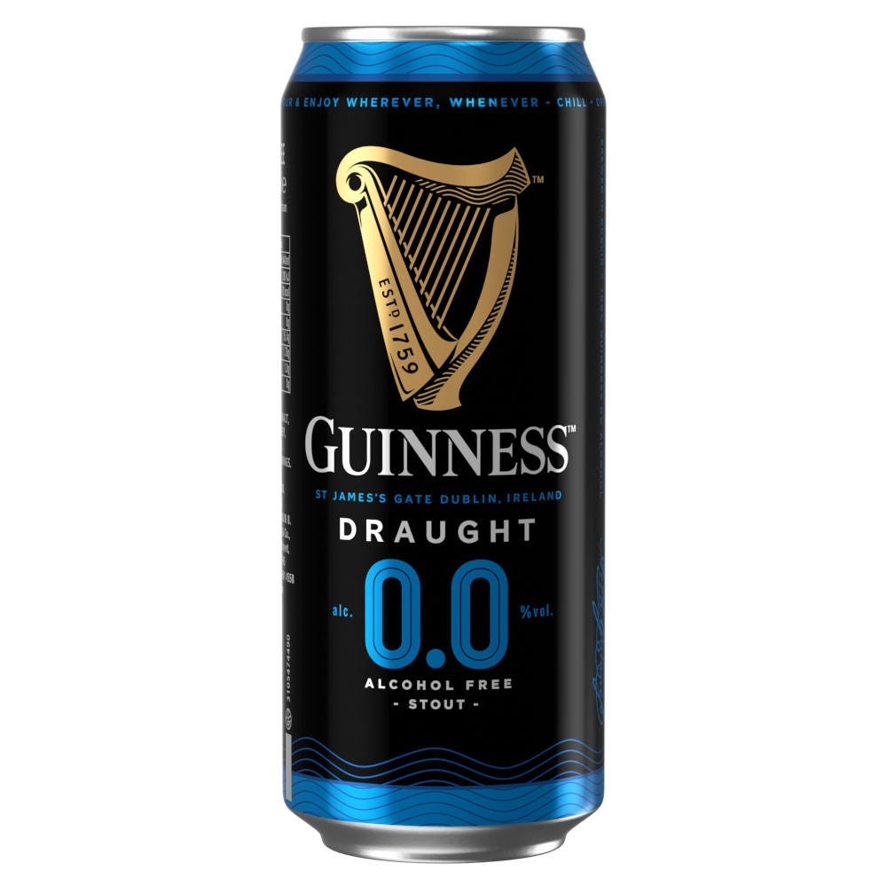 Black can featuring the Guinness logo, a gold harp, and blue accents, labeled "DRAUGHT" and "0.0% alc." with "ALCOHOL FREE STOUT" at the bottom.