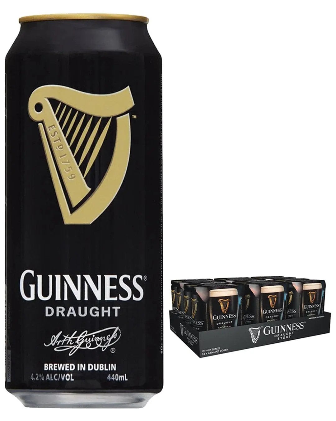 Black can of Guinness Draught beer featuring a gold harp logo, with a multipack of 24 cans, each 440 ml, displayed in a cardboard tray.