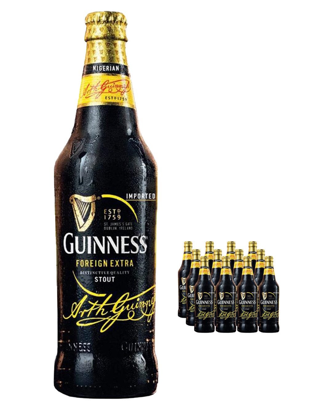 Twelve dark glass bottles of Guinness Nigerian Foreign Extra Stout, featuring a gold and black label with the Guinness logo and "Imported" text prominently displayed.