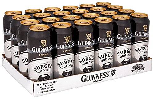 Twenty-four black and gold cans of Guinness Original Draught Surger, each 520 ml, arranged in a cardboard multipack with the brand logo prominently displayed.