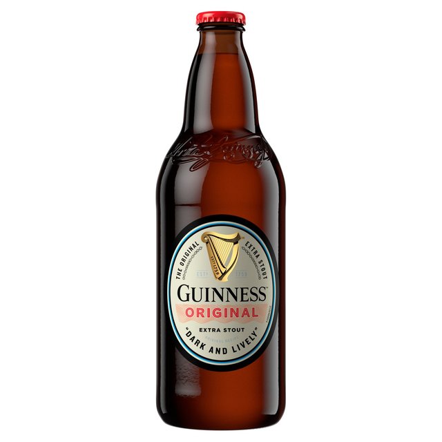 Twelve 500 ml bottles of Guinness Original Extra Stout, featuring a dark brown glass design with a prominent label displaying the brand name and description.