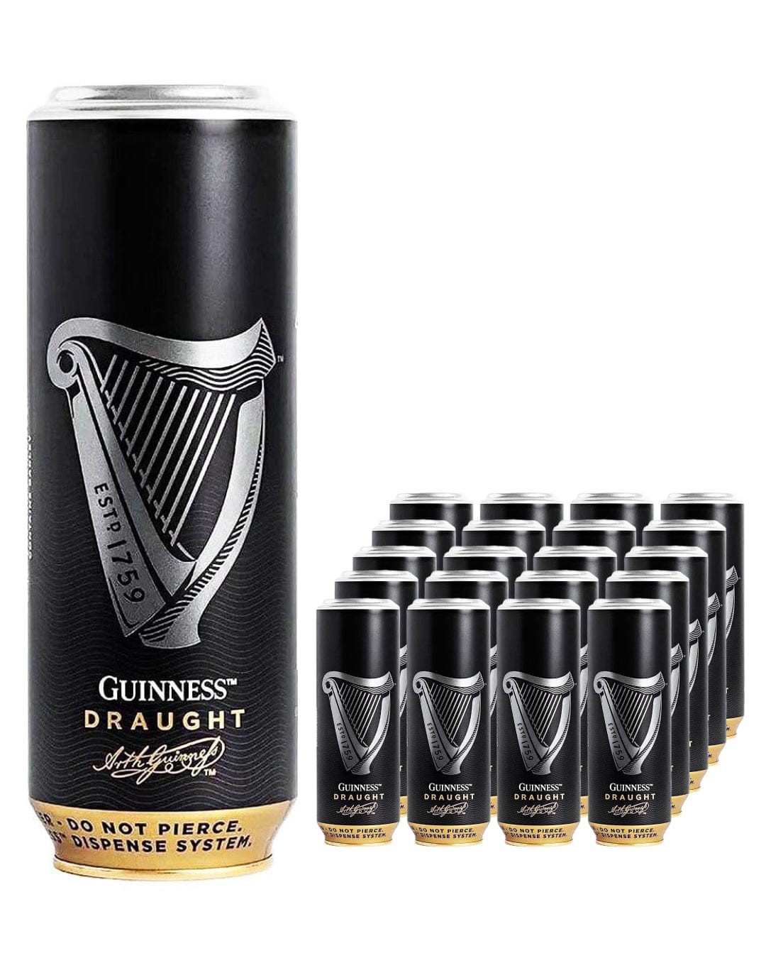 Black and gold multipack of 24 Guinness Original Micro Draught cans, featuring the iconic harp logo and text "Guinness Draught" in silver on the front.
