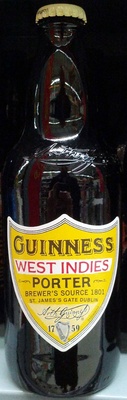 Eight bottles of Guinness West Indies Porter, featuring a dark brown glass with a yellow and black label, showcasing the brand name and product details prominently.