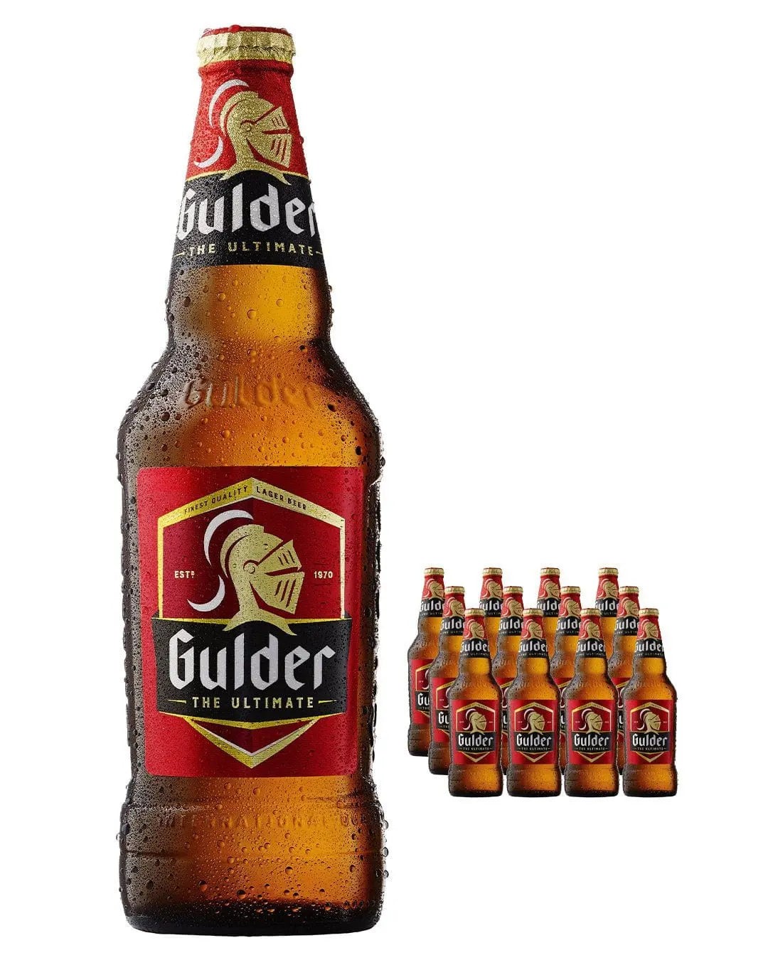 Gulder Extra Mature Pale Lager beer bottle, 600 ml, features a brown glass design with a red and gold label, showcasing the brand name and a knight logo, accompanied by a 12-pack.