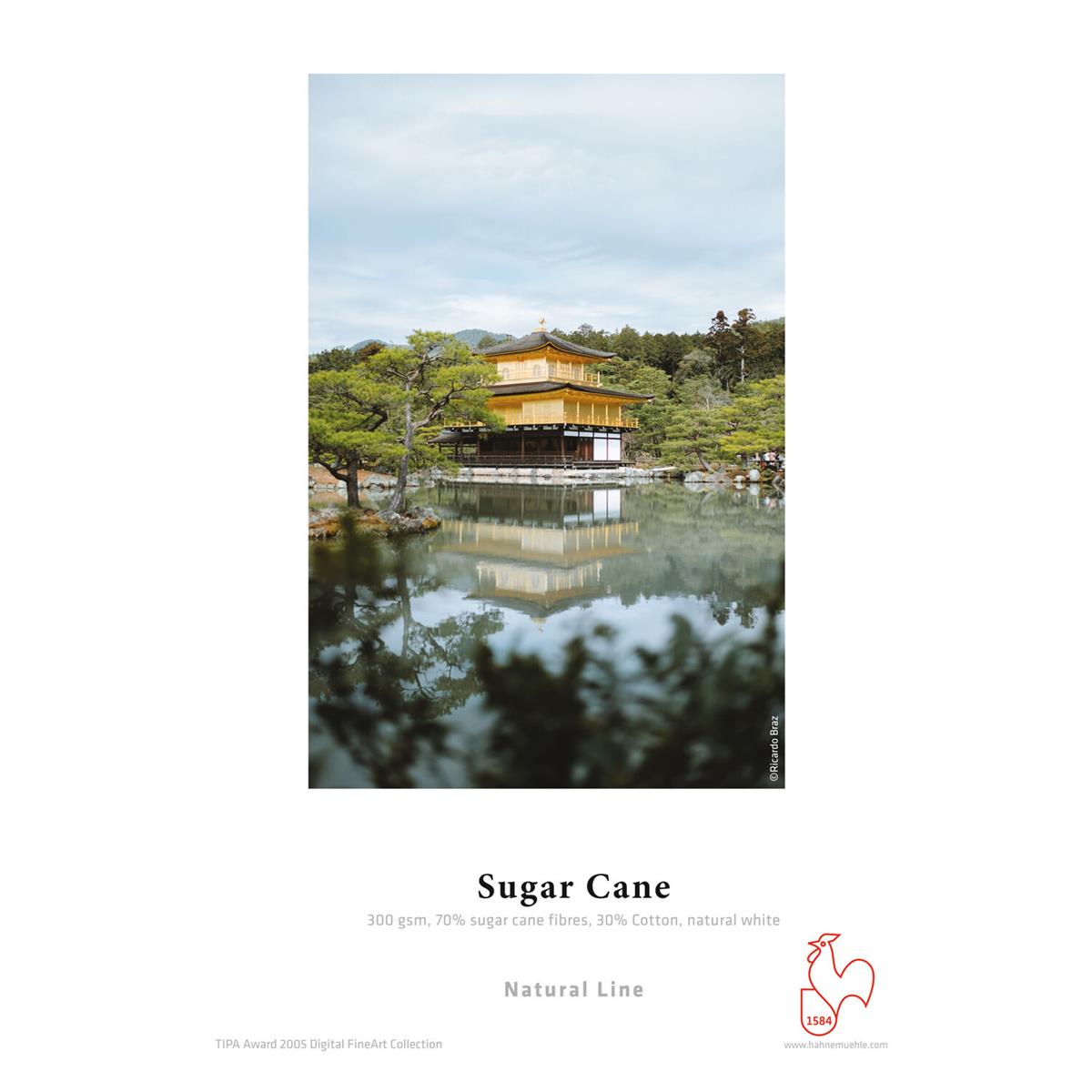 Natural white paper featuring a serene image of a traditional Japanese building reflected in water, labeled "Sugar Cane" with details about its composition and award recognition.