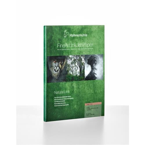 Green packaging featuring "Hahnemühle FineArt Inkjet Paper" with images of a gorilla and a silhouette, labeled as "Natural Line," indicating its eco-friendly composition.